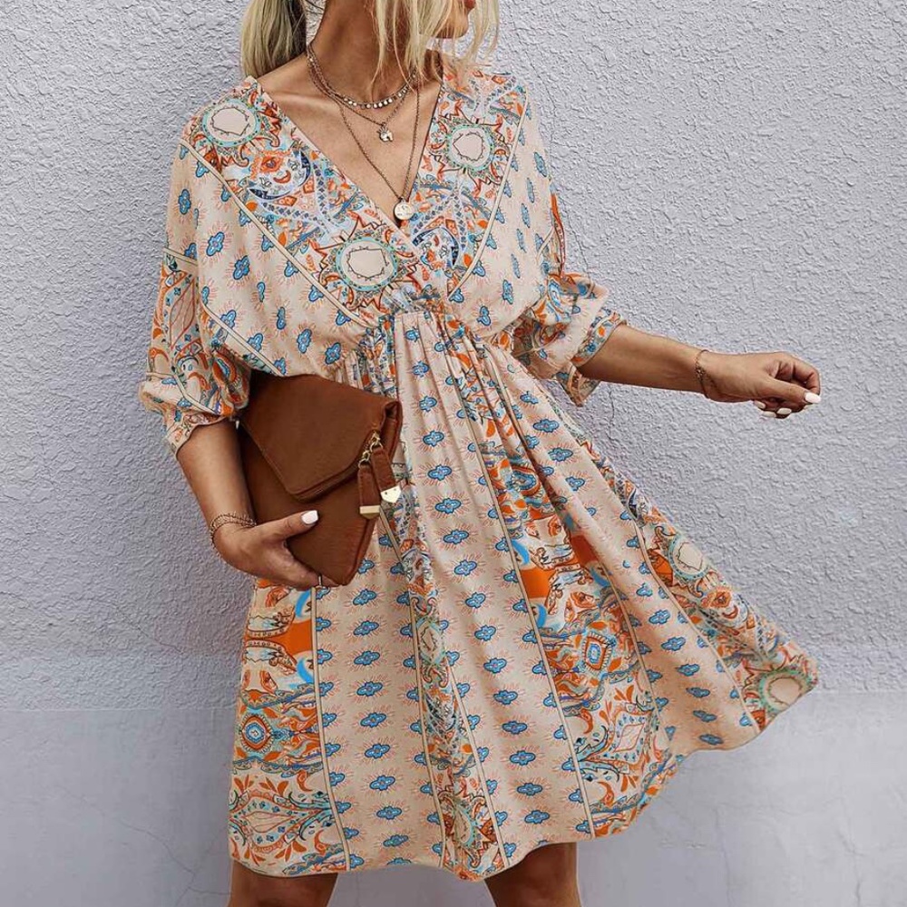 Boho Blue Orange Paisley V neck Gypsy Mini Dress - Picture 11 of 16